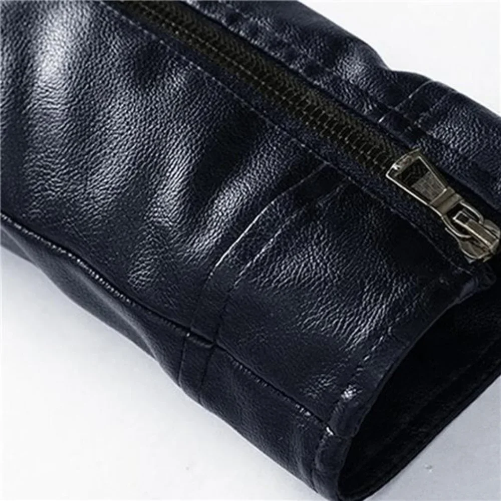 Dark Blue Faux Leather Military Jacket‎ Slim Fit Moto Biker Bomber Jacket Coat - Picture 4 of 6